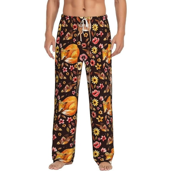 Gukieu Woodland Creatures Floral Print Men's Home Trousers, Elastic Drawstring Home Pajamas Clothing Suitable for Adult Men-Large