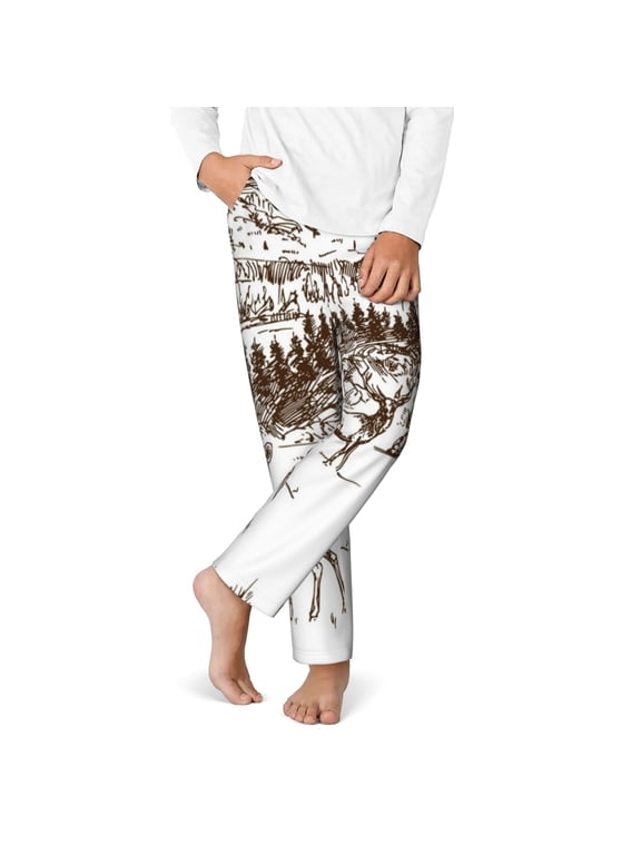 Woodland Forest With Deers Print Youth Home Trousers, Elastic Waistband with Pockets for Home and Outing, Suitable for Children Aged 5-16-Large
