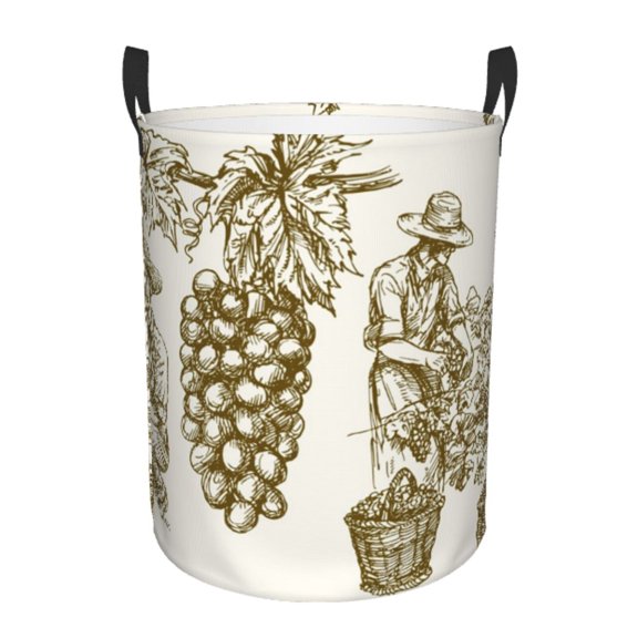 Gukieu Workers Cutting Grapes From Vineyard Print Round Dirty Clothes Bag, Waterproof Standing Home Bathroom Storage Basket Car Trunk Storage Bag-Small