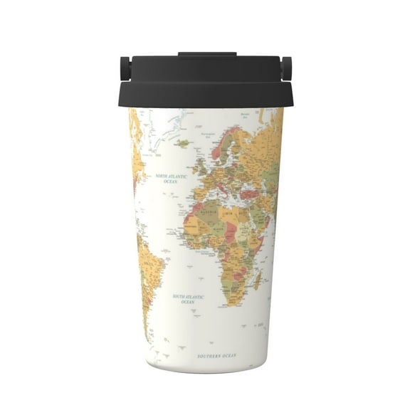 Gukieu World Map 1 Print Insulated Coffee Cup, Portable Stainless Steel Vacuum Cup with Lid, Unisex, Suitable for Office, Cafe, Car
