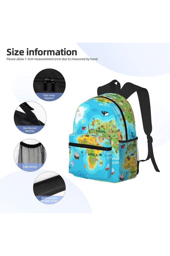 World Map With Animals Landmarks Print Backpack, Waterproof Backpack with Adjustable Shoulder Straps, Suitable for Campus, Business, Travel, Unisex