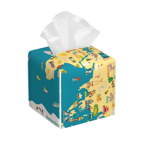 Gukieu World Map With Landmarks Print Leather Tissue Box, PVC Waterproof Velcro Opening and Closing Square Tissue Box Holder, Suitable for Home and Office Decoration