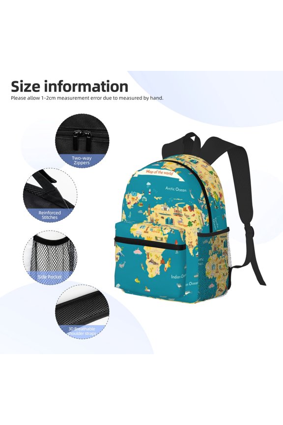 World Map With Landmarks Print Backpack, Waterproof Backpack with Adjustable Shoulder Straps, Suitable for Campus, Business, Travel, Unisex