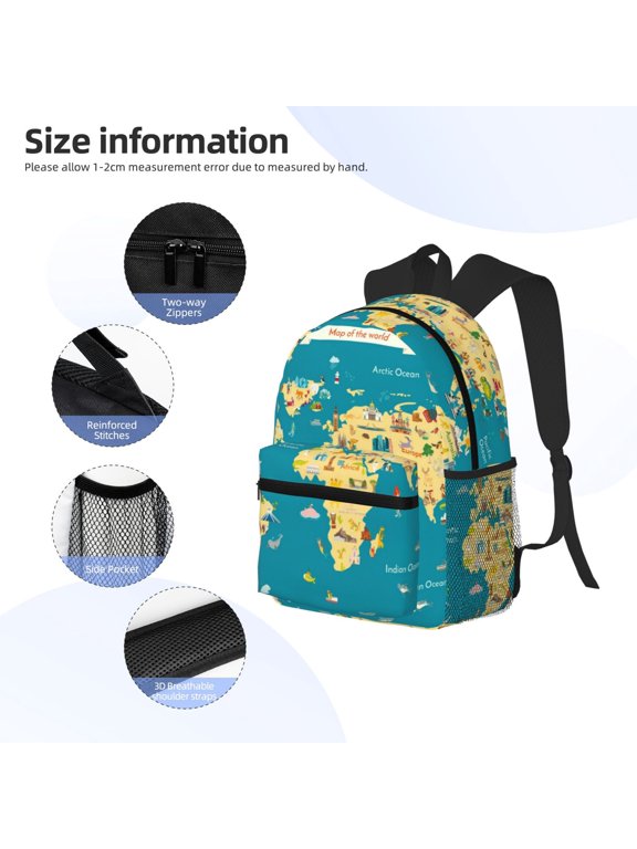 World Map With Landmarks Print Backpack, Waterproof Backpack with Adjustable Shoulder Straps, Suitable for Campus, Business, Travel, Unisex