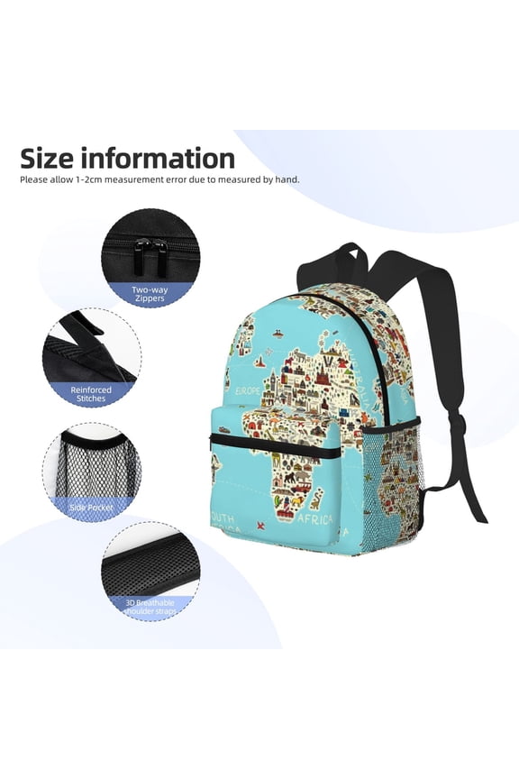 World Travel Line Icons Map Print Backpack, Waterproof Backpack with Adjustable Shoulder Straps, Suitable for Campus, Business, Travel, Unisex