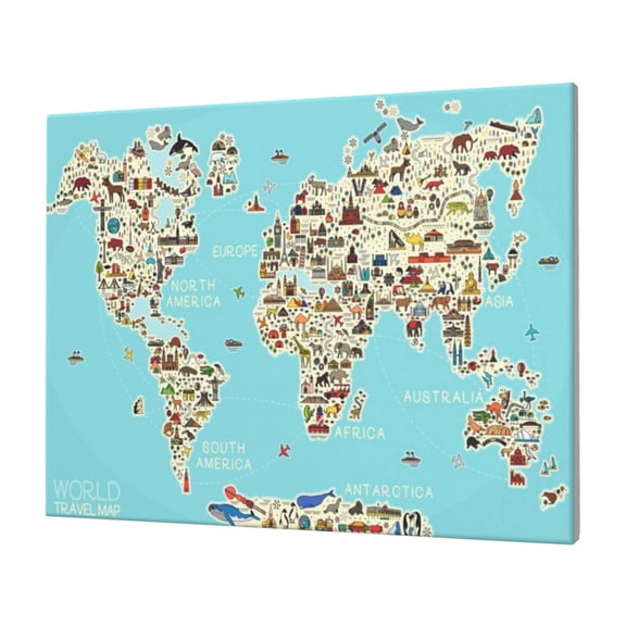 Gukieu World Travel Line Icons Map Print Horizontal Canvas Decorative Painting 12x16 Inch Shrinkage Resistant Frame Hanging Home Wall Art Decor