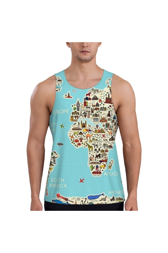 World Travel Line Icons Map Print Men's Quick Dry Fitness Vest, Round Neck Sleeveless Fitness Bodybuilding Top-X-Large