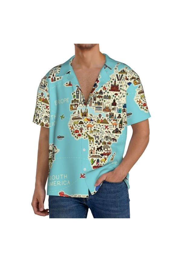 World Travel Line Icons Map Print Men's Short-sleeved Shirts, Button-down Pocket Shirts, T-shirts, Beach Vacation Travel Summer Clothing-3X-Large