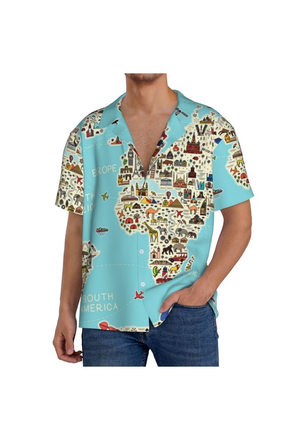 World Travel Line Icons Map Print Men's Short-sleeved Shirts, Button-down Pocket Shirts, T-shirts, Beach Vacation Travel Summer Clothing-Medium