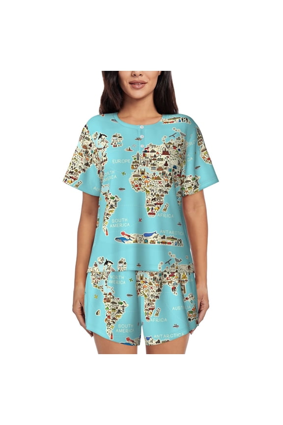 World Travel Line Icons Map Print Women's Short-sleeved Pajama Set, Round Neck Button Top Elastic Shorts 2-piece Set, Summer Home Leisure Clothing-4X-Large