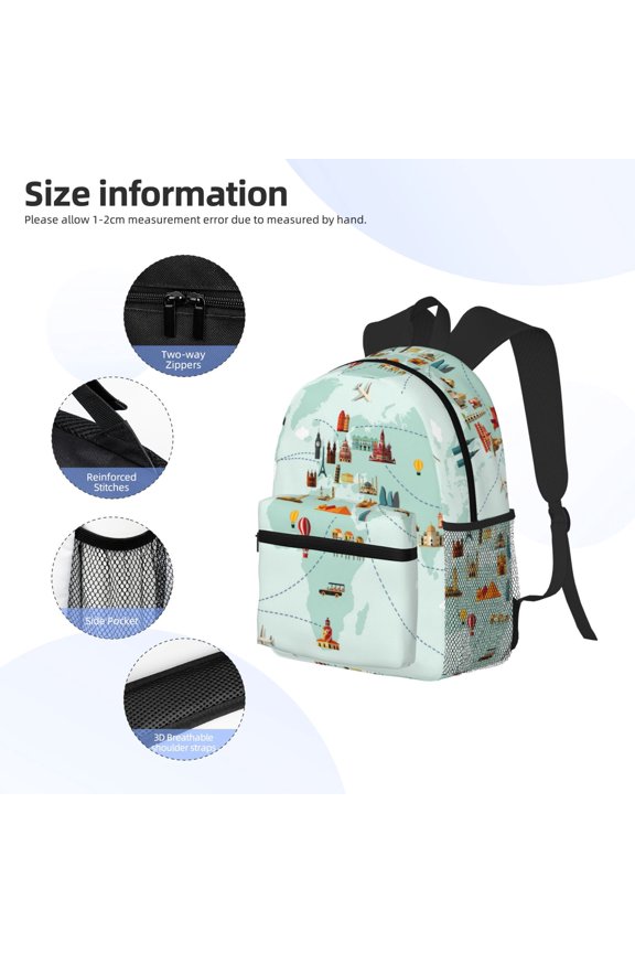 World Travel Map Print Backpack, Waterproof Backpack with Adjustable Shoulder Straps, Suitable for Campus, Business, Travel, Unisex