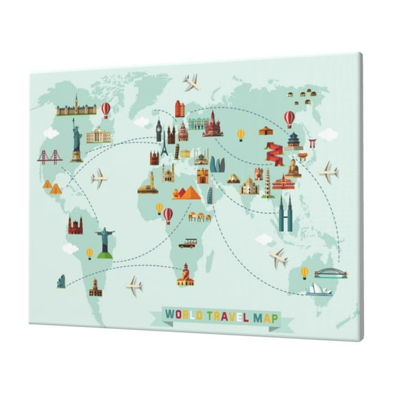 Gukieu World Travel Map Print Horizontal Canvas Decorative Painting 12x16 Inch Shrinkage Resistant Frame Hanging Home Wall Art Decor