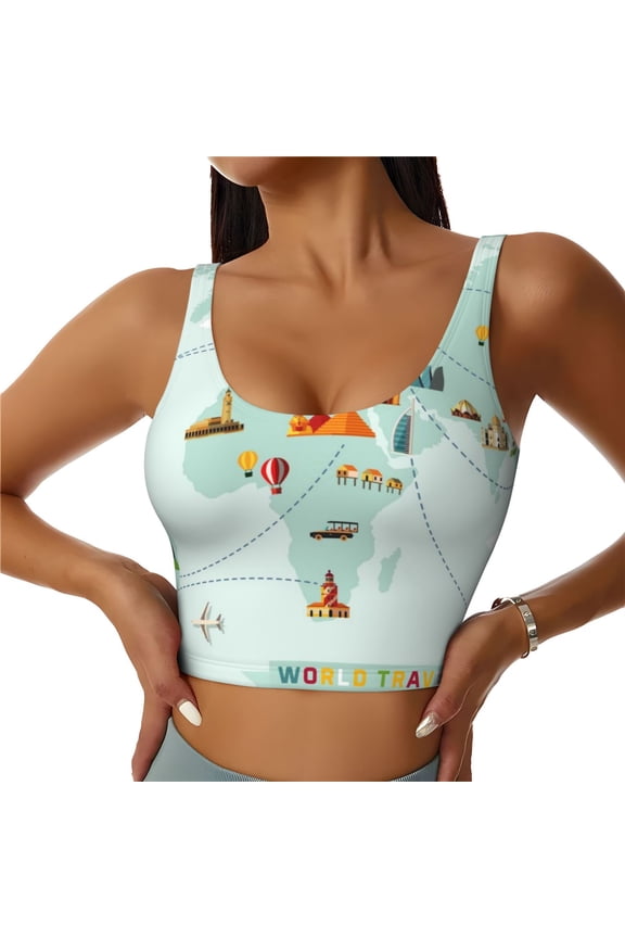 World Travel Map Print Women's Sports Vest, Low-neck U-shaped Removable Pad Sports Bra for Yoga, Exercise, Dance-Medium