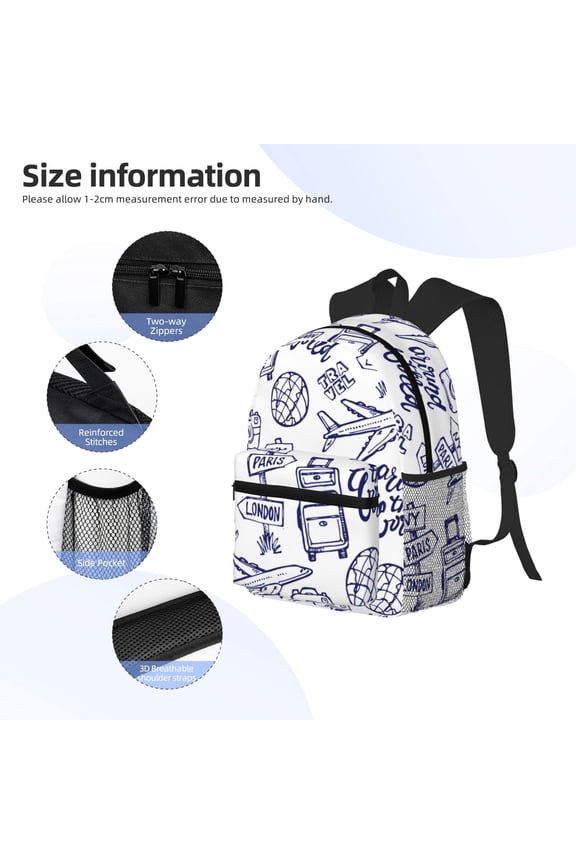World Travel2 Print Backpack, Waterproof Backpack with Adjustable Shoulder Straps, Suitable for Campus, Business, Travel, Unisex