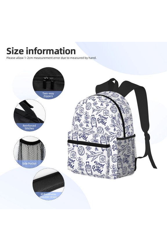 World Travel2 Print Backpack, Waterproof Backpack with Adjustable Shoulder Straps, Suitable for Campus, Business, Travel, Unisex