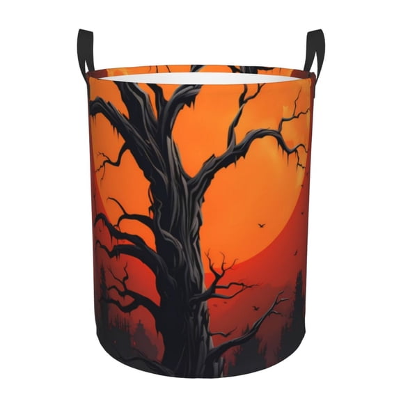 Gukieu Yellow Castle Sunset Tree Print Round Dirty Clothes Bag, Waterproof Standing Home Bathroom Storage Basket Car Trunk Storage Bag-Small