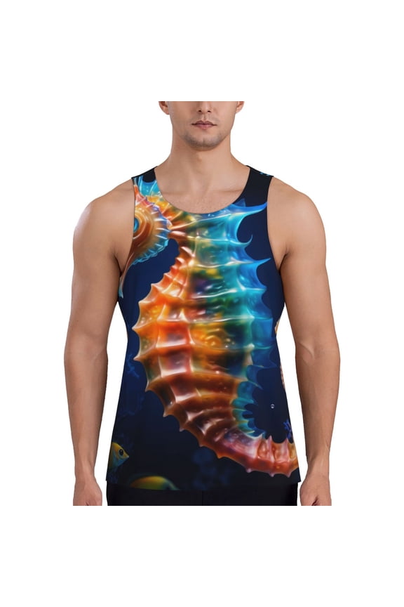 Yellow Fish Seahorse Print Men's Quick Dry Fitness Vest, Round Neck Sleeveless Fitness Bodybuilding Top-X-Large