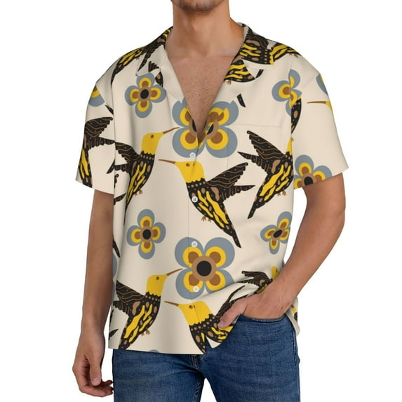 Gukieu Yellow Flowers Hummingbird Print Men's Short-sleeved Shirts, Button-down Pocket Shirts, T-shirts, Beach Vacation Travel Summer Clothing-4X-Large