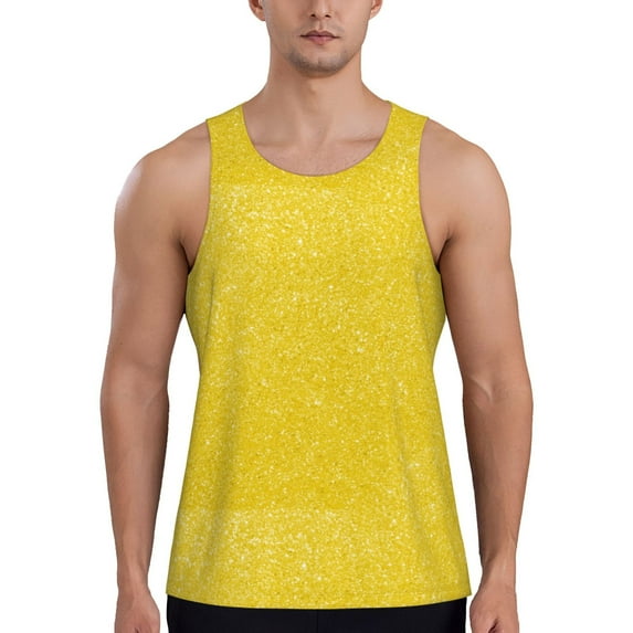 Gukieu Yellow Glitter Print Men's Quick Dry Fitness Vest, Round Neck Sleeveless Fitness Bodybuilding Top-3X-Large
