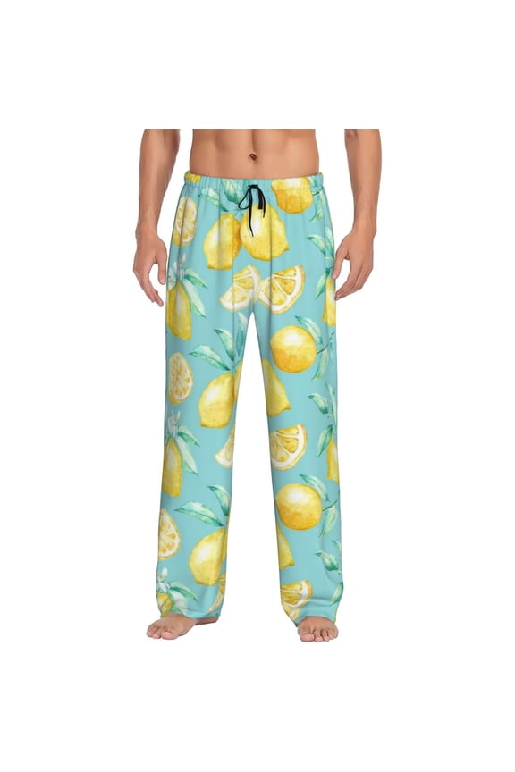 Yellow Lemon Print Men's Home Trousers, Elastic Drawstring Home Pajamas Clothing Suitable for Adult Men-Medium
