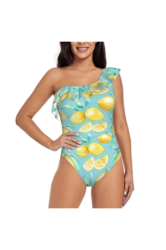 Yellow Lemon Print One-shoulder Ruffled One-piece Swimsuit with Removable Chest Pads and Tummy-control Swimsuit for Women-Medium