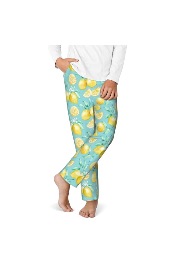 Yellow Lemon Print Youth Home Trousers, Elastic Waistband with Pockets for Home and Outing, Suitable for Children Aged 5-16-Medium
