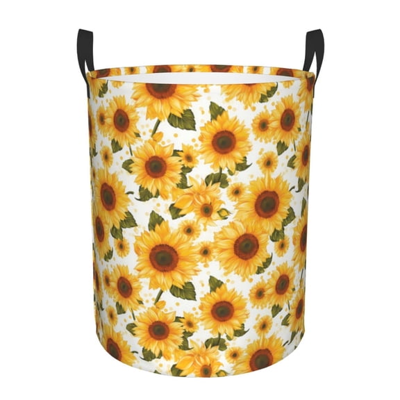 Gukieu Yellow Polka Dot Sunflower Print Round Dirty Clothes Bag, Waterproof Standing Home Bathroom Storage Basket Car Trunk Storage Bag-Medium