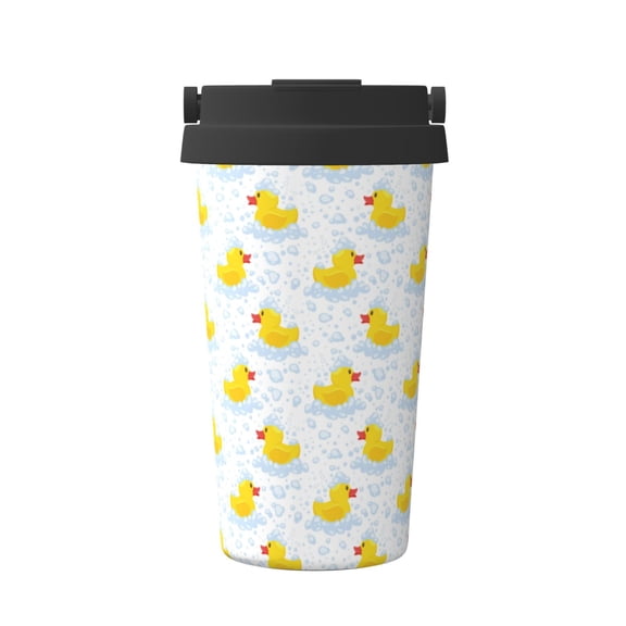 Gukieu Yellow Rubber Duck Print Insulated Coffee Cup, Portable Stainless Steel Vacuum Cup with Lid, Unisex, Suitable for Office, Cafe, Car