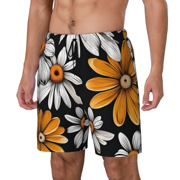 Gukieu Yellow White Daisy Pattern Print Men's Double Layer Sports Swim Trunks, Quick Dry Adjustable Waist Swim Shorts Swimwear-Small