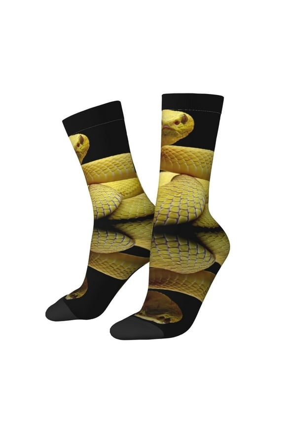 Yellow White-Lipped Pit Viper Print Contrast Color Mid-calf Socks, Sweat-wicking Athletic Socks, Unisex Clothing Accessories