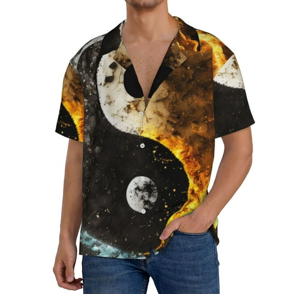 Gukieu Yin Yang Print Men's Short-sleeved Shirts, Button-down Pocket Shirts, T-shirts, Beach Vacation Travel Summer Clothing-4X-Large