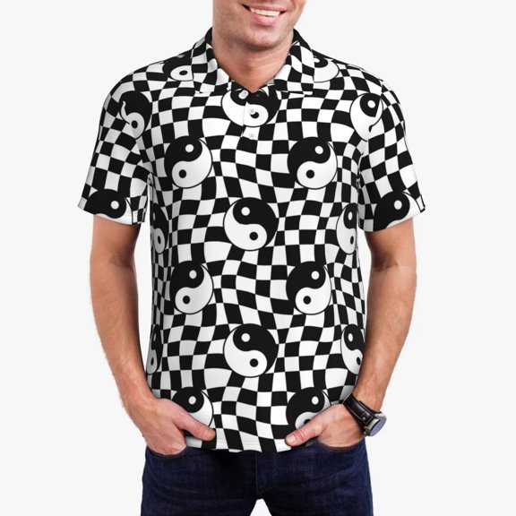 Gukieu Ying Yang Checkered Print Men's Quick-drying POLO Shirt, Button-down Summer T-shirt, Suitable for Work and Outdoor Activities-Small