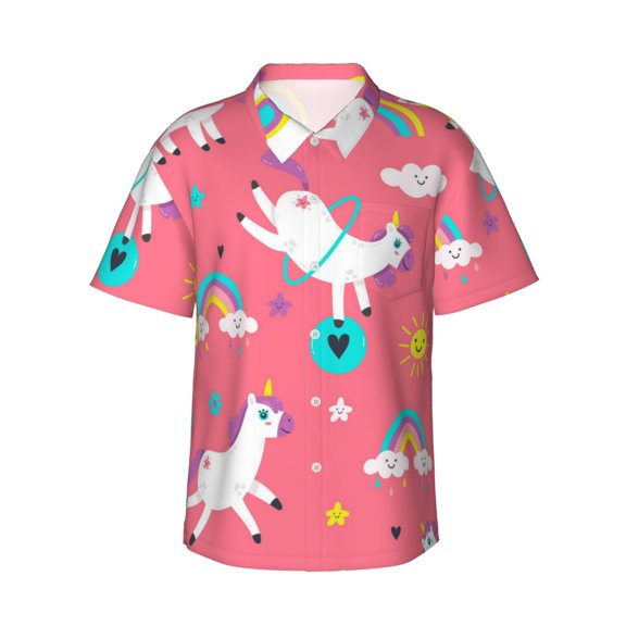 Gukieu Yoga Unicorn Print Men's Short-sleeved Shirts, Button-down Lapel Hawaiian Shirts, T-shirts, Beach Vacation Summer Casual Wear,Large