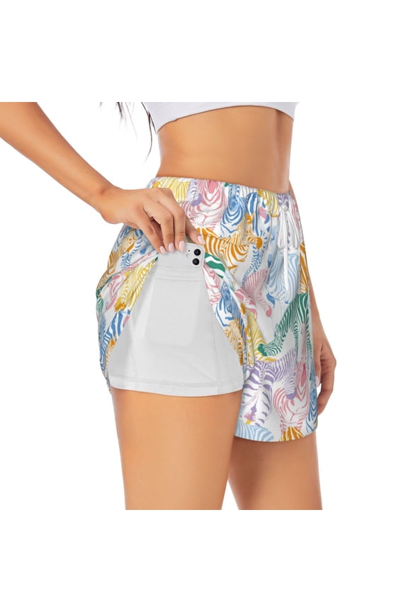 Zebra Colourful Print Women's Sports Shorts with Drawstring Elastic Waistband for Running, Yoga, Fitness-Medium