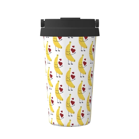 Gukieu a banana blowing air kisses Print Insulated Coffee Cup, Portable Stainless Steel Vacuum Cup with Lid, Unisex, Suitable for Office, Cafe, Car