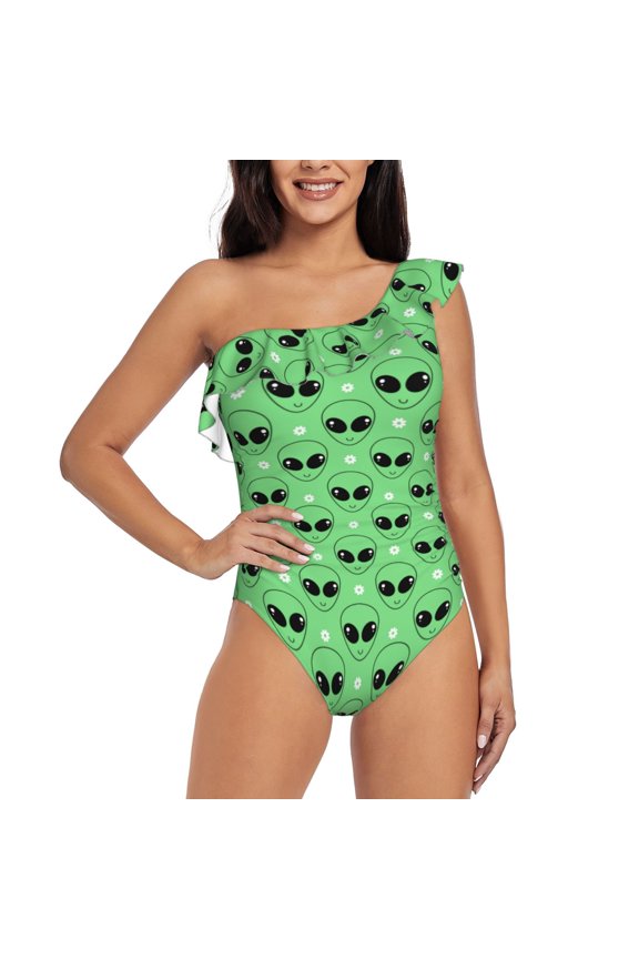 alien cartoons Print One-shoulder Ruffled One-piece Swimsuit with Removable Chest Pads and Tummy-control Swimsuit for Women-X-Large