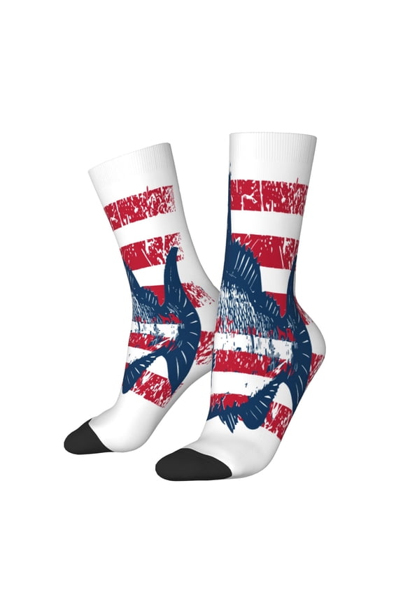 bass fish with the USA flag Print Contrast Color Mid-calf Socks, Sweat-wicking Athletic Socks, Unisex Clothing Accessories