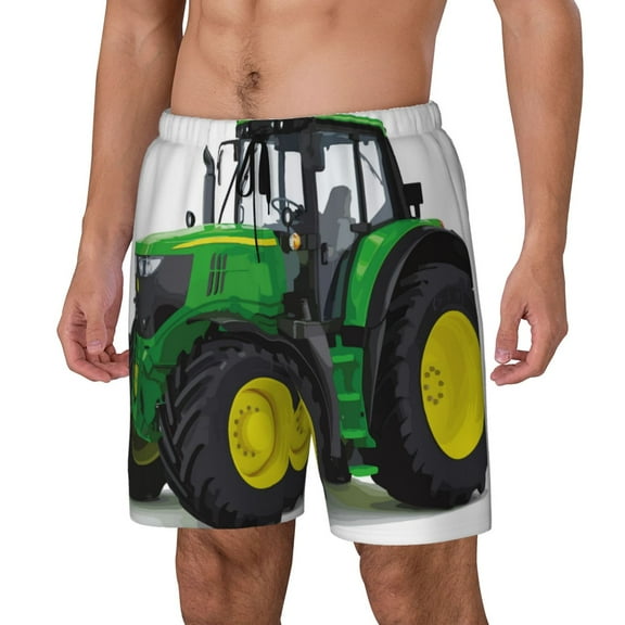 Gukieu big farm tractor Print Men's Double Layer Sports Swim Trunks, Quick Dry Adjustable Waist Swim Shorts Swimwear-Small
