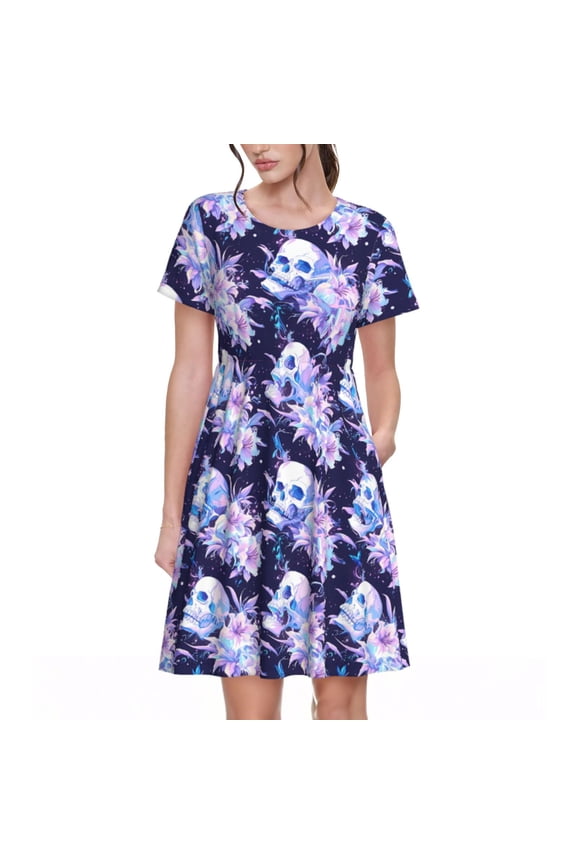 blue starry sky Skull flower Print Women's Short Sleeve Dress, Elastic Waistband A-line with Pockets Summer Dress, Suitable for Daily Leisure, Work, Vacation