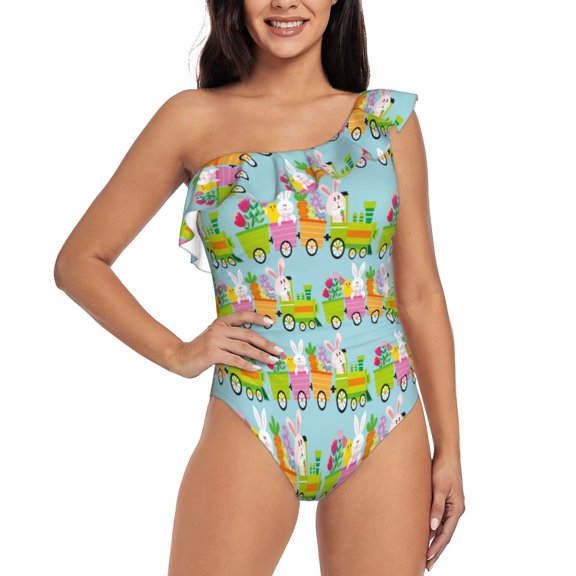 Gukieu bunnies and chicks on a train Print One-shoulder Ruffled One-piece Swimsuit with Removable Chest Pads and Tummy-control Swimsuit for Women-Small