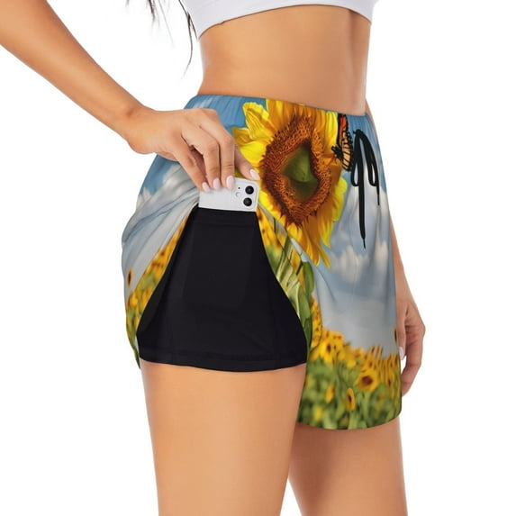 Gukieu butterfly and sunflower Print Women's Sports Shorts with Drawstring Elastic Waistband for Running, Yoga, Fitness-Medium
