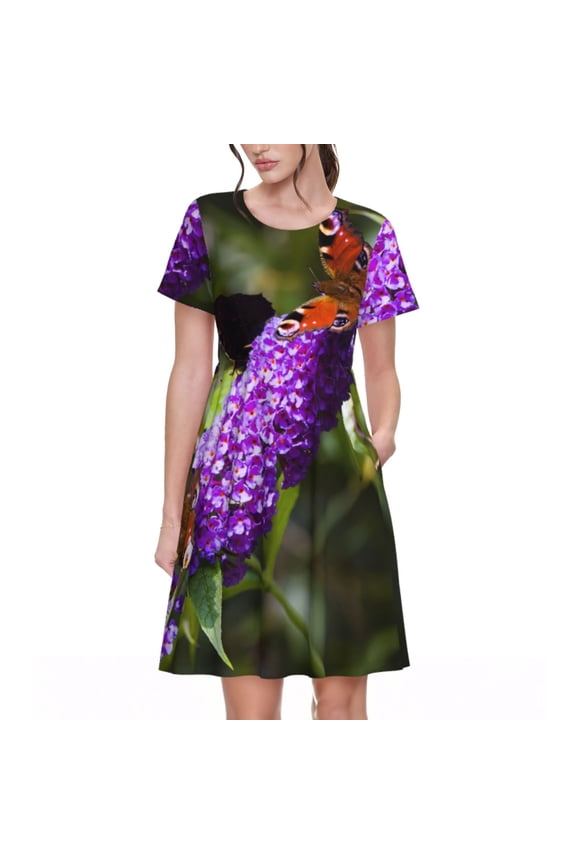 butterfly bush flower Print Women's Short Sleeve Dress, Elastic Waistband A-line with Pockets Summer Dress, Suitable for Daily Leisure, Work, Vacation