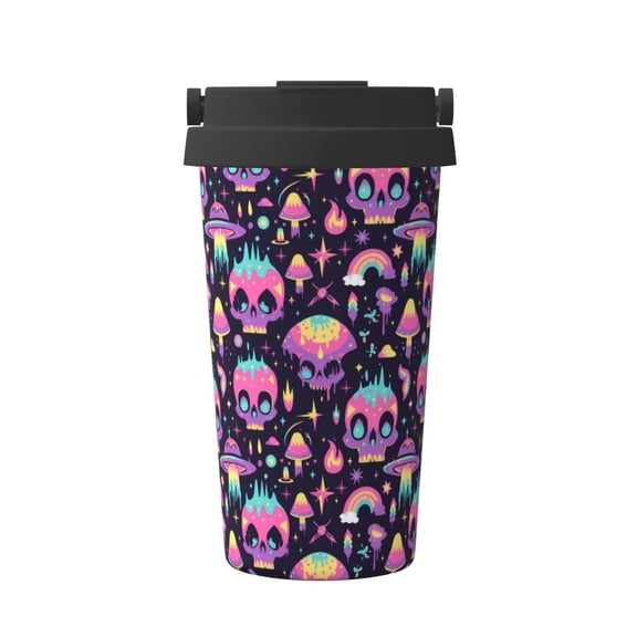 Gukieu cartoon Skull rainbow space Print Insulated Coffee Cup, Portable Stainless Steel Vacuum Cup with Lid, Unisex, Suitable for Office, Cafe, Car