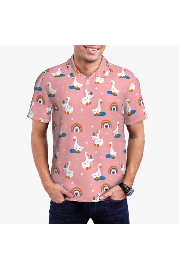 cartoon goose rainbow Print Men's Quick-drying POLO Shirt, Button-down Summer T-shirt, Suitable for Work and Outdoor Activities-Medium