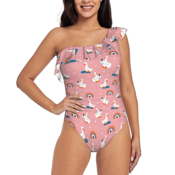 Gukieu cartoon goose rainbow Print One-shoulder Ruffled One-piece Swimsuit with Removable Chest Pads and Tummy-control Swimsuit for Women-Small