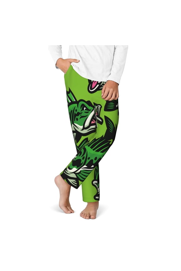 cartoon largemouth bass fish Print Youth Home Trousers, Elastic Waistband with Pockets for Home and Outing, Suitable for Children Aged 5-16-Large