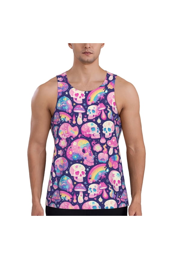 cartoon rainbow Skull Print Men's Quick Dry Fitness Vest, Round Neck Sleeveless Fitness Bodybuilding Top-4X-Large