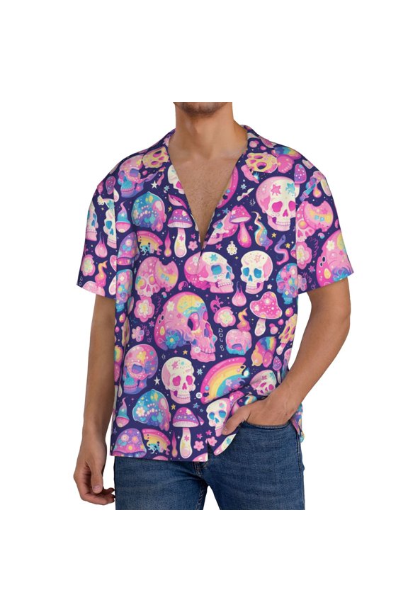 cartoon rainbow Skull Print Men's Short-sleeved Shirts, Button-down Pocket Shirts, T-shirts, Beach Vacation Travel Summer Clothing-Large