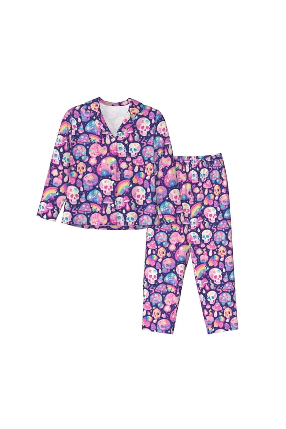 cartoon rainbow Skull Print Women's Long Sleeve Pajama Set, Button Top Elastic Pocket Pajama Pants Two Piece Set Home Wear-Medium