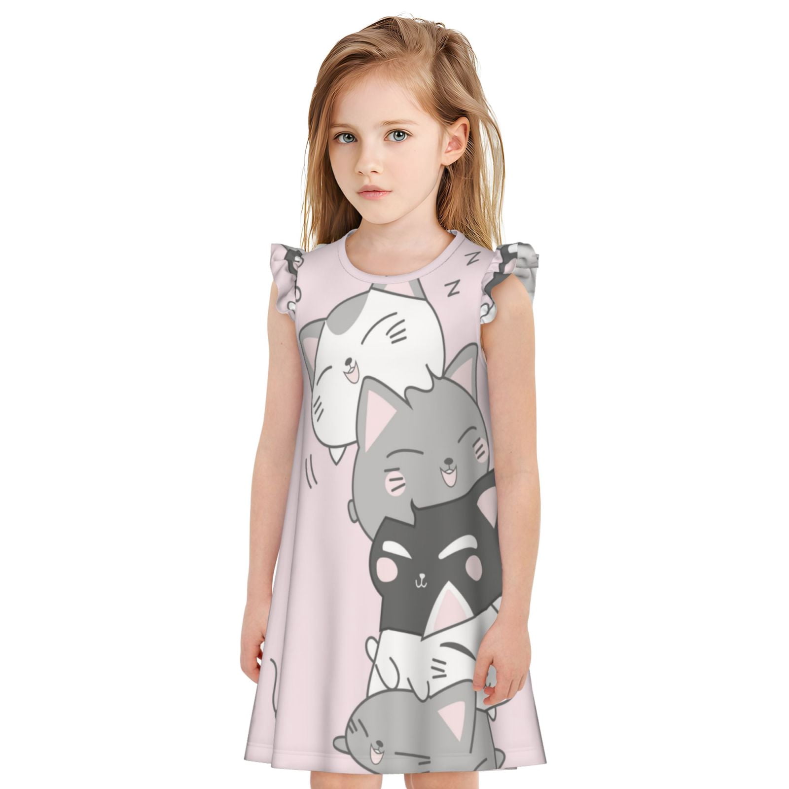 Gukieu cat Print Girls' Flying Sleeves Nightdress, Round Neck ...